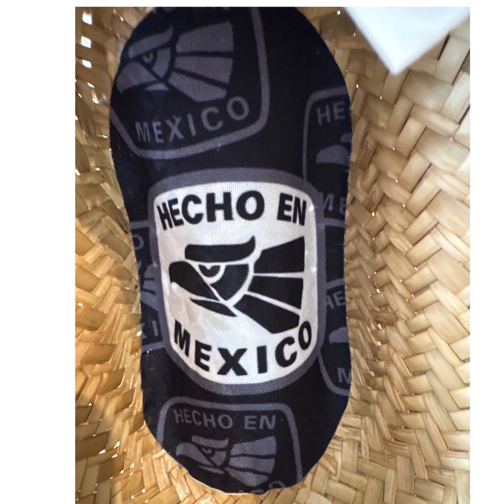 Hecho en Mexico Straw Lifeguard Sun Hat Wide Brim Eagle Logo Tan Black One Size - Picture 7 of 11